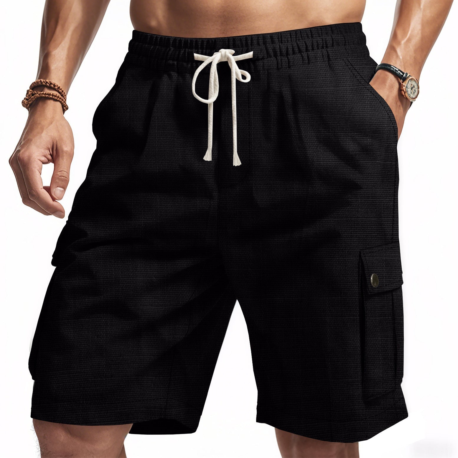 Men’s Cargo Shorts – Bamboo Linen – Relaxed Fit – Elastic Waist – Multi Pocket 4