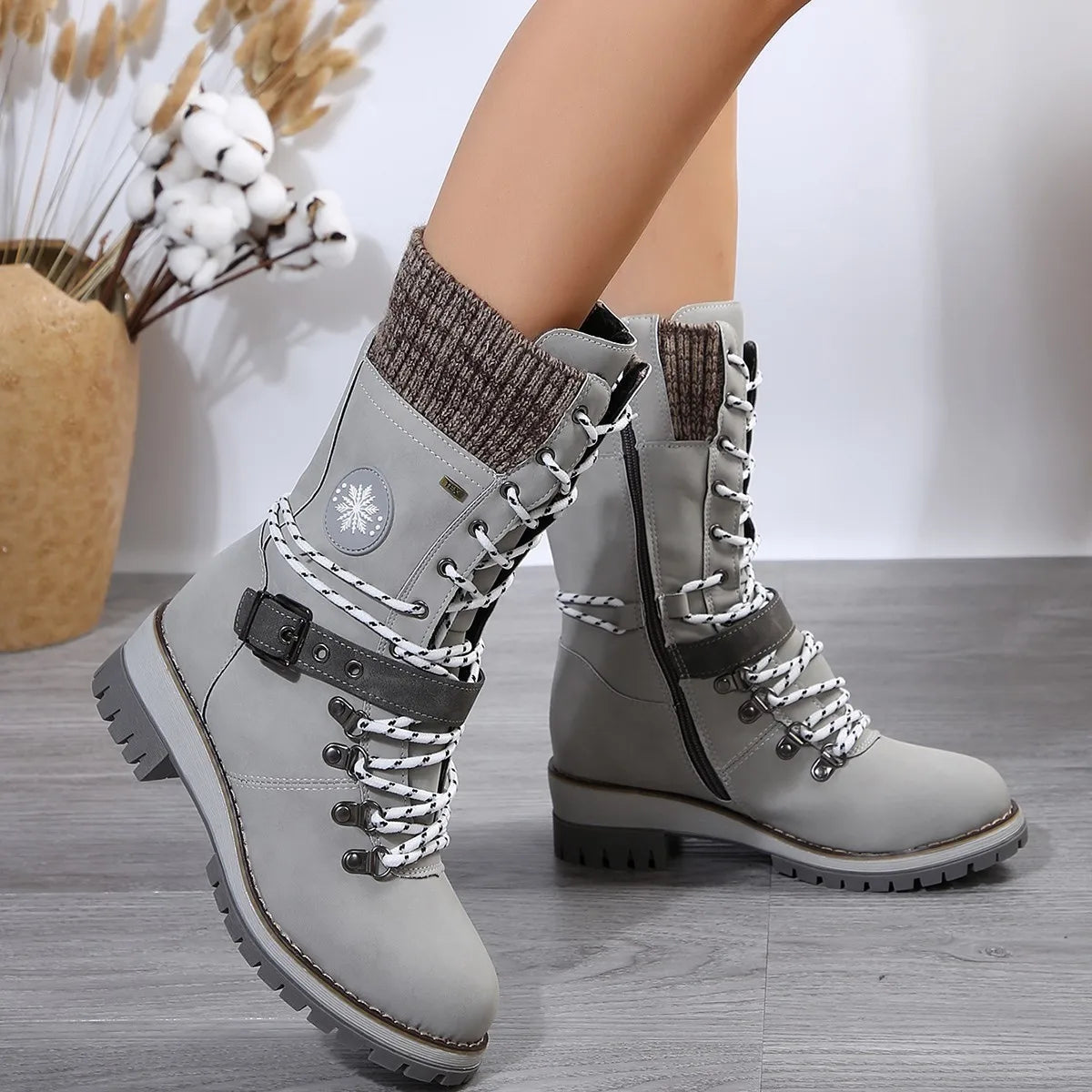 Women’s Outdoor Boots – Mid Calf – Lace Up with Buckle – Ribbed Knit Cuff – Zipper Closure 1