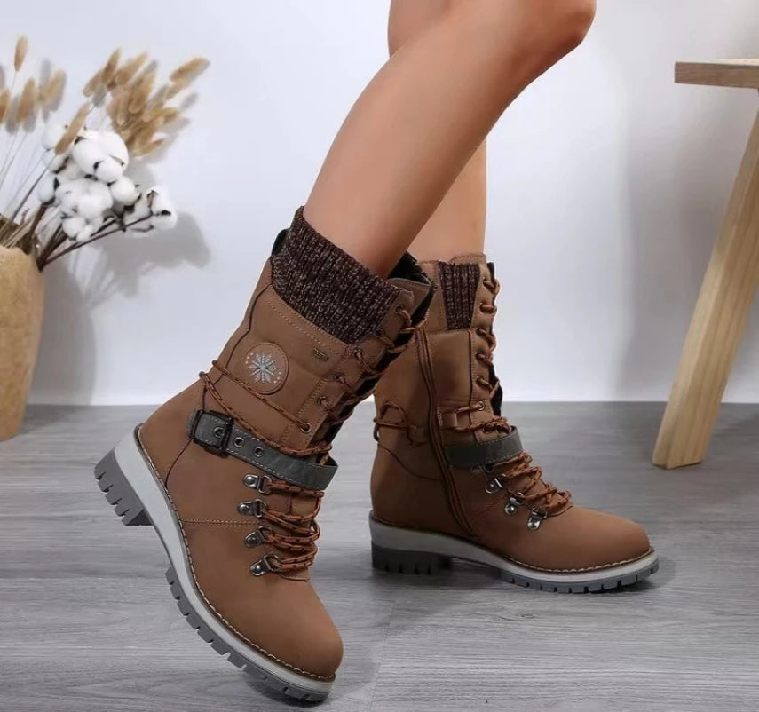 Women’s Outdoor Boots – Mid Calf – Lace Up with Buckle – Ribbed Knit Cuff – Zipper Closure 2
