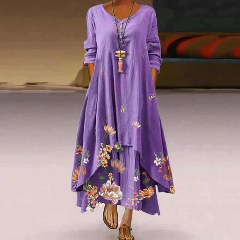 Women's Summer Double Layered Long Sleeve Printed Maxi Dress 0
