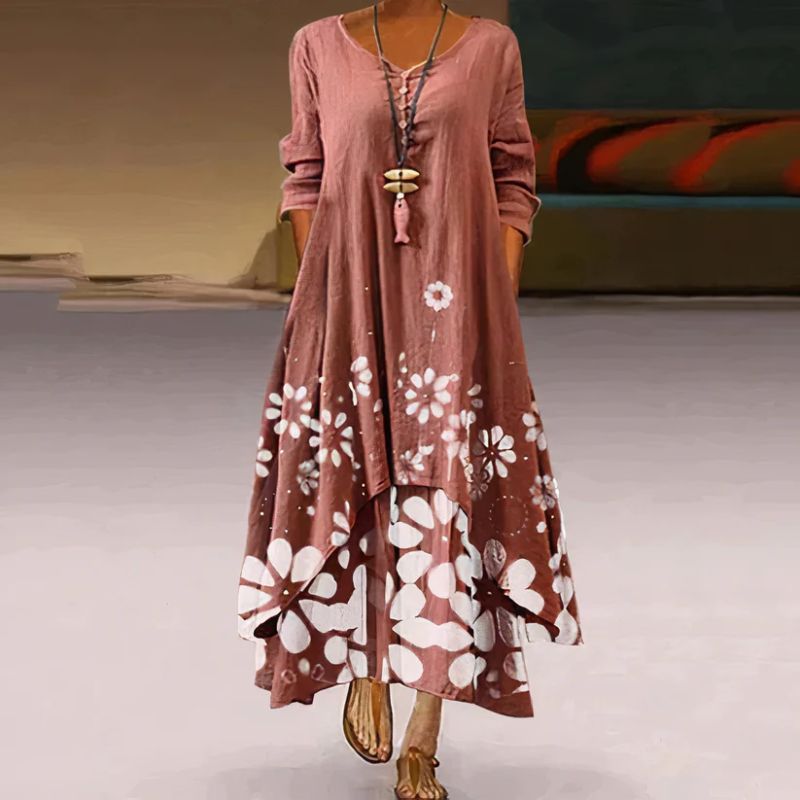 Women's Summer Double Layered Long Sleeve Printed Maxi Dress 1