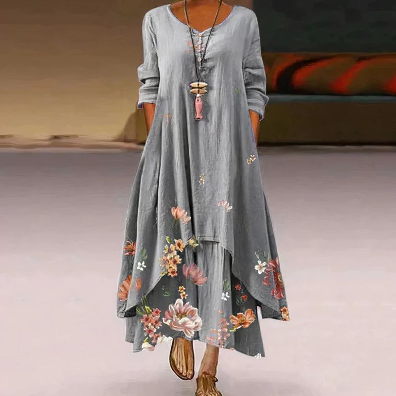 Women's Summer Double Layered Long Sleeve Printed Maxi Dress 2