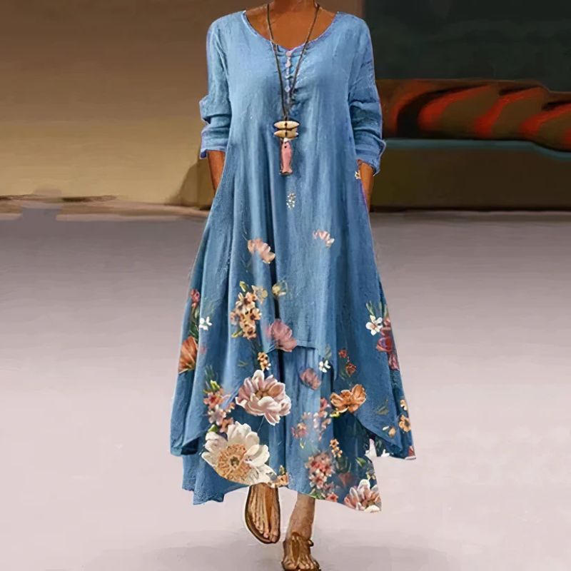 Women's Summer Double Layered Long Sleeve Printed Maxi Dress 4