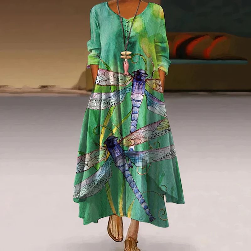 Women's Summer Double Layered Long Sleeve Printed Maxi Dress 5
