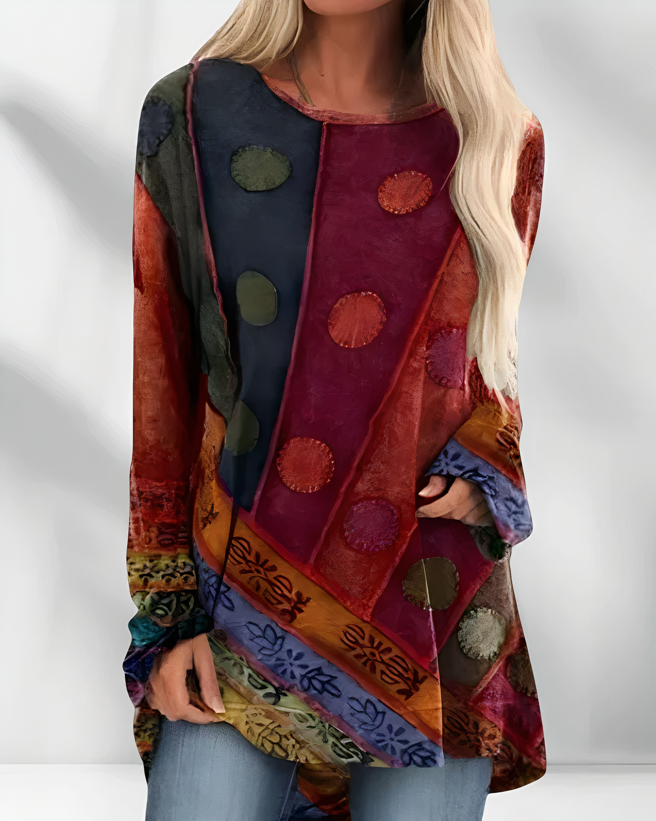 Women's colorful long-sleeved blouse with patchwork pattern 0
