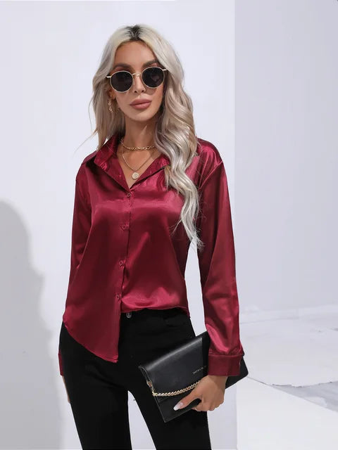Women's elegant loose satin long sleeve blouse 15