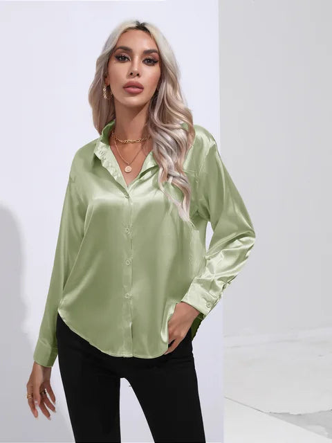 Women's elegant loose satin long sleeve blouse 2