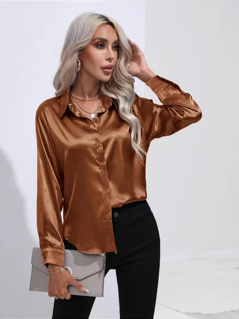Women's elegant loose satin long sleeve blouse 3
