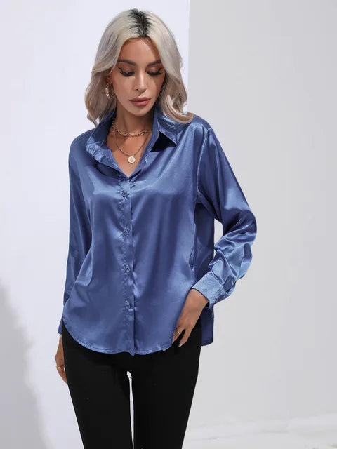 Women's elegant loose satin long sleeve blouse 6