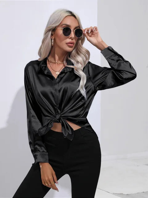 Women's elegant loose satin long sleeve blouse 8
