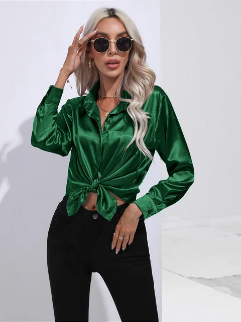 Women's elegant loose satin long sleeve blouse 9