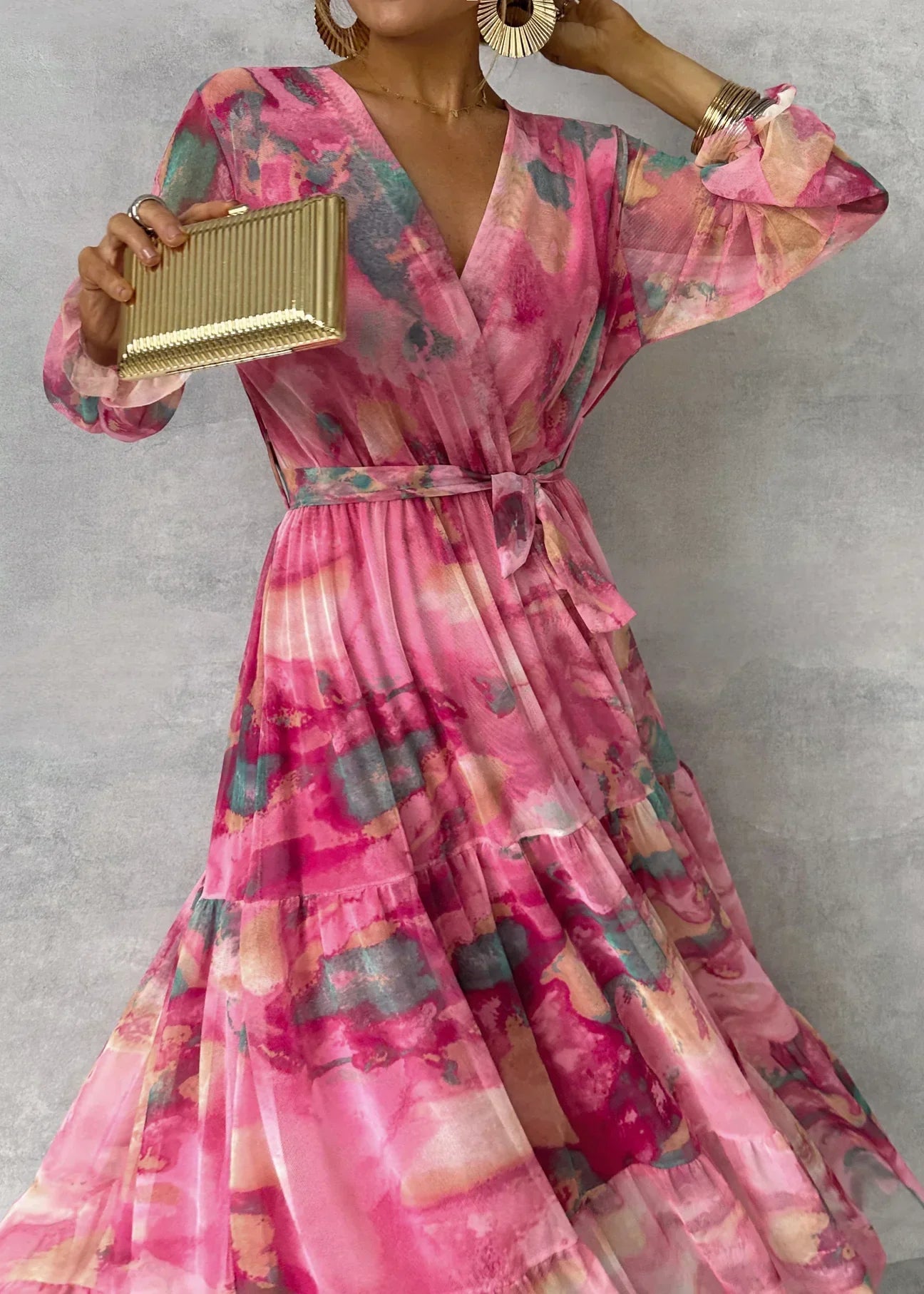 Women's wrap dress with flower pattern and long sleeves Maxi 3