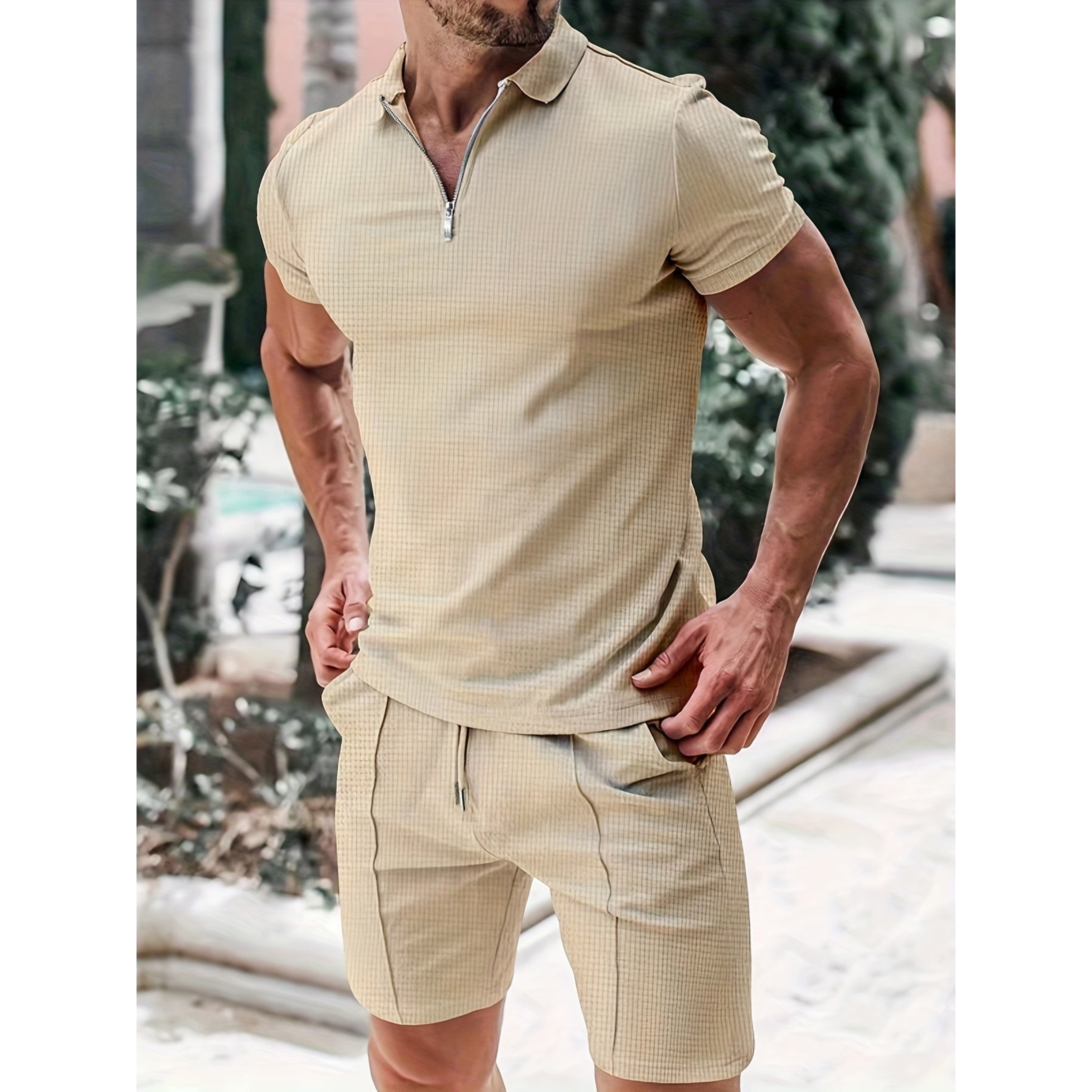 Men’s Polo and Shorts Set | Zipper Top and Drawstring Fit